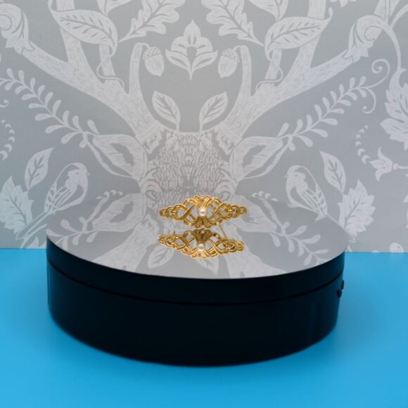 Pearl Accented Gold Filigree Brooch Pin Caroline C Estate Collection Piece - Picture 9 of 9